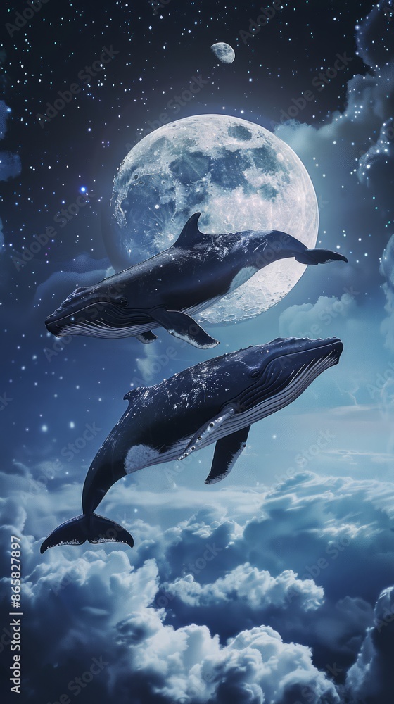 Fototapeta premium Blue whale swimming in the sky with clouds and moon