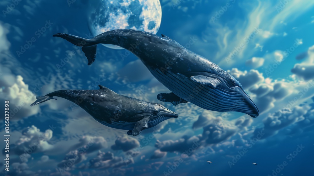 Fototapeta premium Blue whale swimming in the sky with clouds and moon