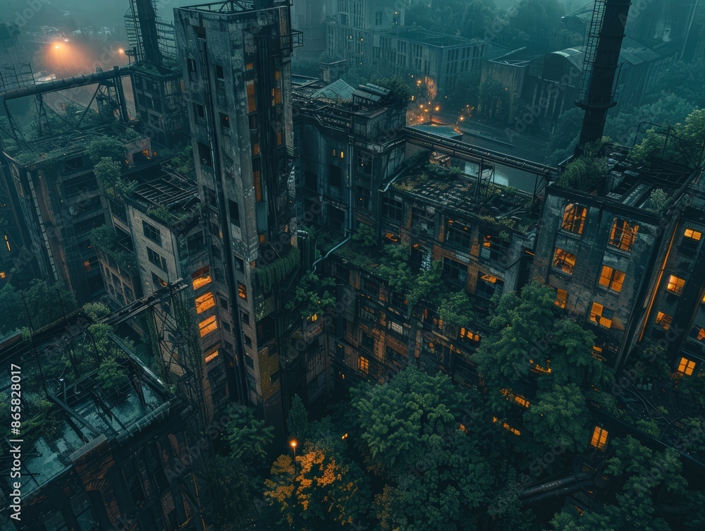 Obraz premium Aerial view of an abandoned, overgrown urban landscape at dusk, with illuminated windows and a mysterious atmosphere.
