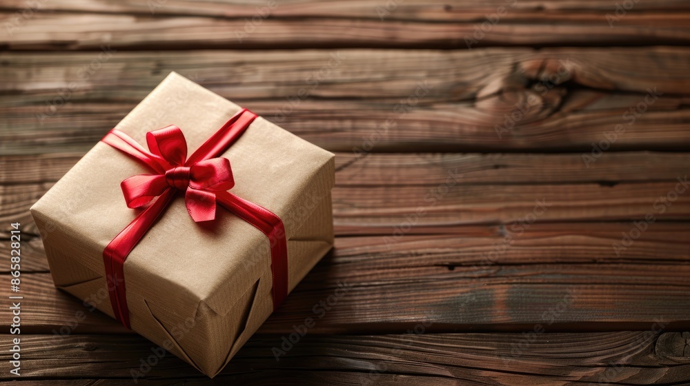 Festive gift box on wood table with space for text Festive gift box on wood table with space for text