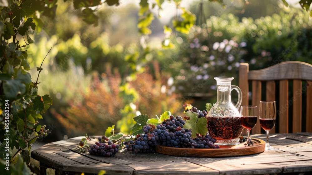 Outdoor Vineyard Setting with Grapes Wine Decanter and Glass Space for Text Outdoor Vineyard Setting with Grapes Wine Decanter and Glass Space for Text