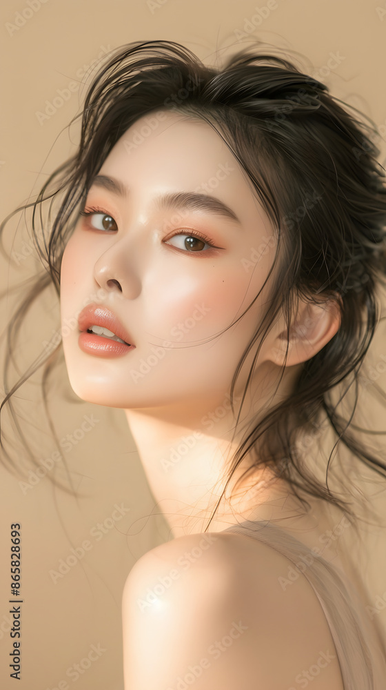 Beauty face. Woman with natural makeup and healthy skin portrait. Beautiful asian girl model touching fresh glowing hydrated facial skin on beige background closeup. Skin care concept Beauty face. Woman with natural makeup and healthy skin portrait. Beautiful asian girl model touching fresh glowing hydrated facial skin on beige background closeup. Skin care concept