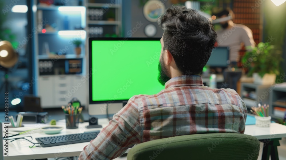 In front of the green screen: A designer's silent battlefield, a moment of concentration in the studio In front of the green screen: A designer's silent battlefield, a moment of concentration in the studio