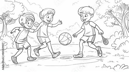 Friendship Sports - Friends playing sports like soccer, basketball, or tennis, Friendship Day, coloring page, hd, energetic with copy space