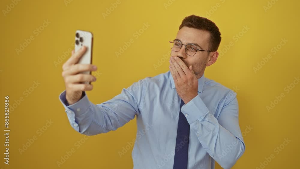 Young hispanic man in shirt and tie using smartphone, blowing a flirty kiss towards camera with love expression, over isolated yellow background looking sexy and lovely Young hispanic man in shirt and tie using smartphone, blowing a flirty kiss towards camera with love expression, over isolated yellow background looking sexy and lovely