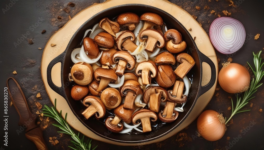 Fototapeta premium Sauteed Mushrooms in Cast Iron Skillet Recipe