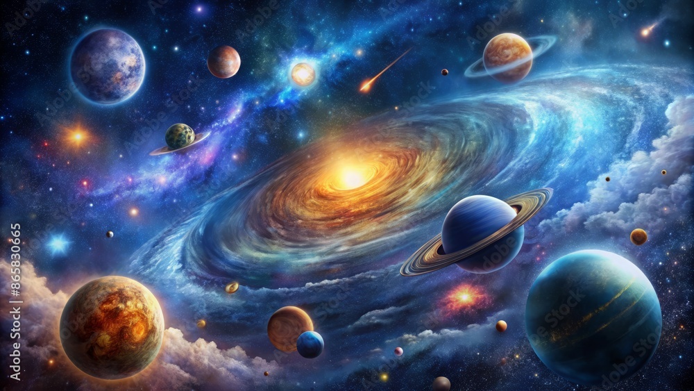 Stunning cosmic scenery featuring swirling galaxies, stars, planets, nebulas, and spacecrafts set against a mesmerizing dark blue velvet background. Stunning cosmic scenery featuring swirling galaxies, stars, planets, nebulas, and spacecrafts set against a mesmerizing dark blue velvet background.