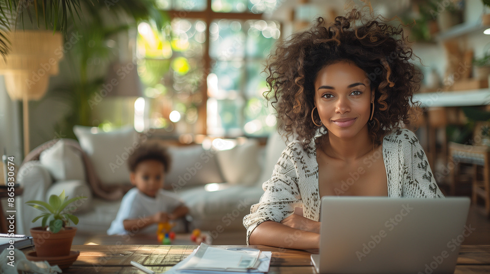 woman using laptop in at home with child woman using laptop in at home with child