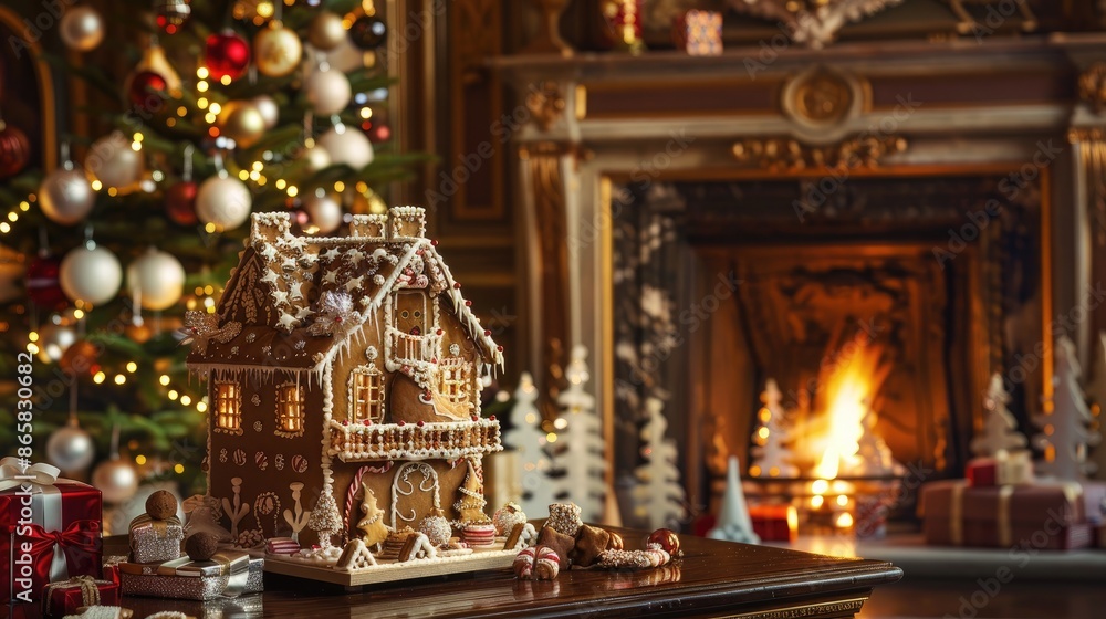 Fototapeta premium Child s gingerbread house with festive decorations in front of fireplace