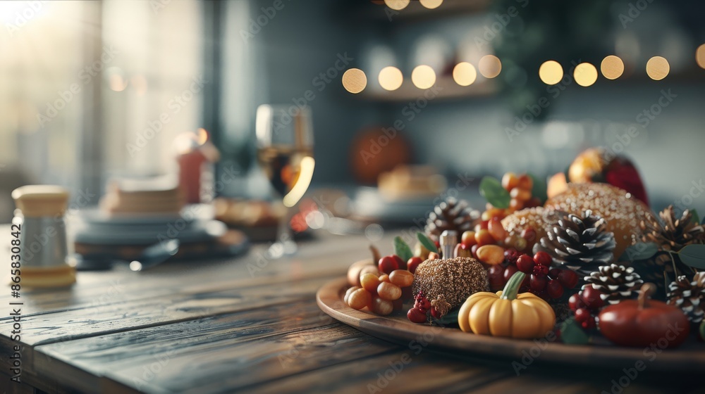 A beautifully decorated Thanksgiving table with autumn fruits, pinecones, and a glass of wine, creating a warm festive ambiance. A beautifully decorated Thanksgiving table with autumn fruits, pinecones, and a glass of wine, creating a warm festive ambiance.