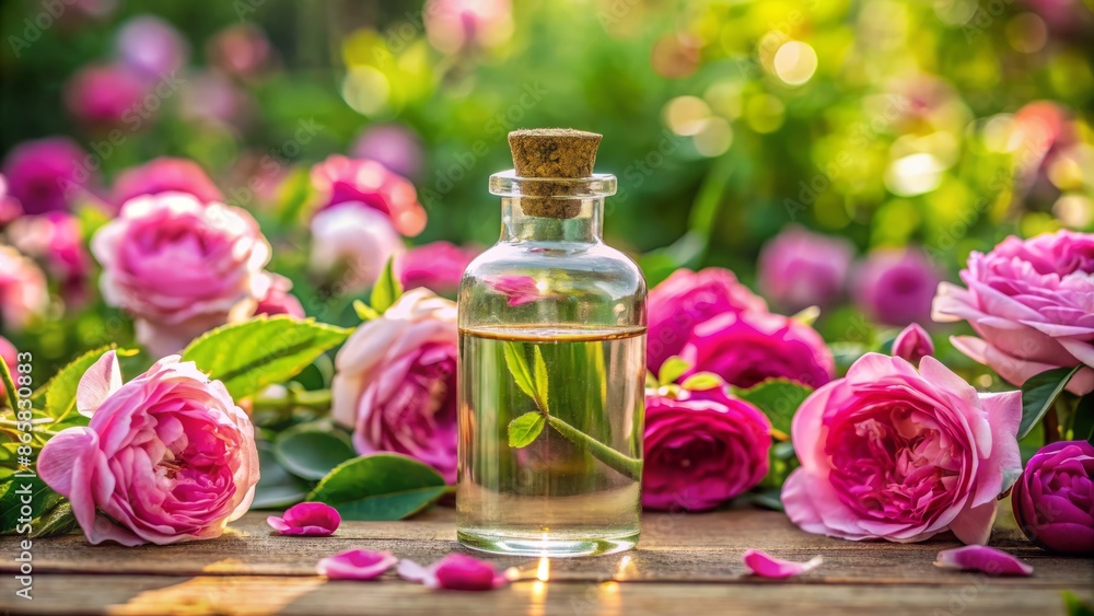 Elegant glass bottle filled with pure organic rose essential oil surrounded by lush fresh flowers and luxuriant greenery ambiance. Elegant glass bottle filled with pure organic rose essential oil surrounded by lush fresh flowers and luxuriant greenery ambiance.