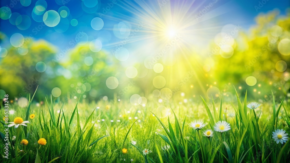 Obraz premium Vibrant sunny spring meadow scene featuring lush green grass, clear blue sky, abstract bokeh background, and empty space for overlaying text.