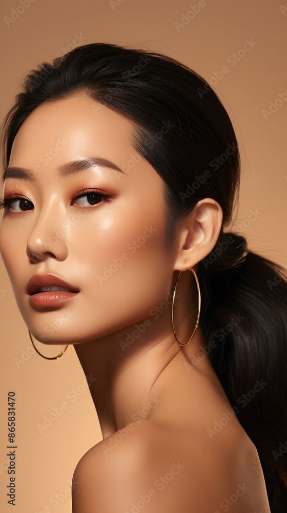 Naklejka premium Beauty face. Woman with natural makeup and healthy skin portrait. Beautiful asian girl model touching fresh glowing hydrated facial skin on beige background closeup. Skin care concept 
