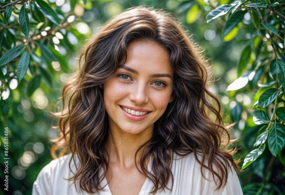 Smiling Young Woman Framed by Green Leaves Smiling Young Woman Framed by Green Leaves