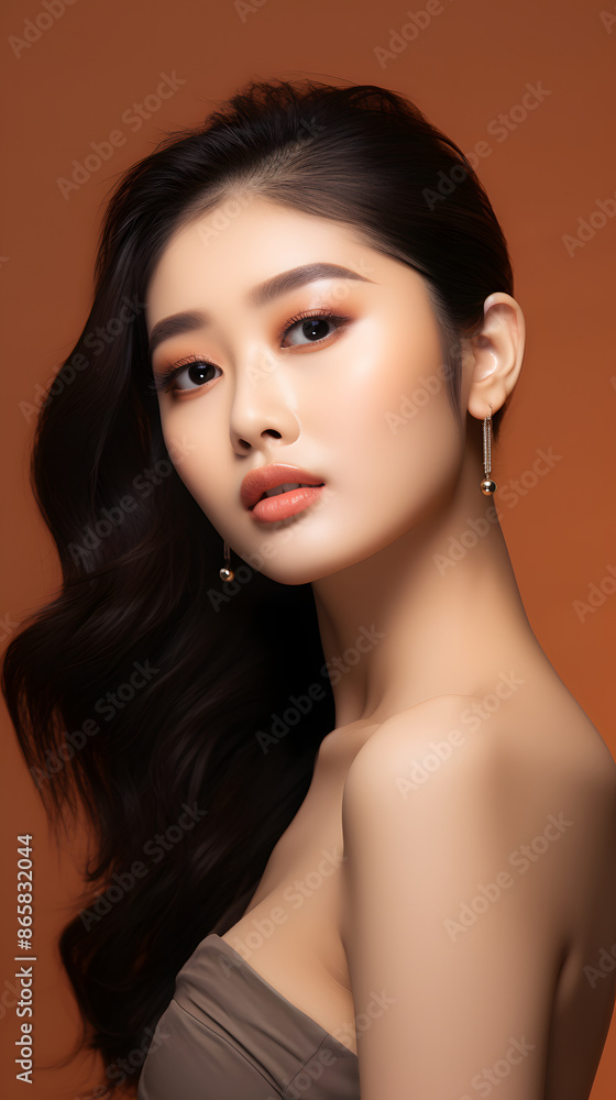 Beauty face. Woman with natural makeup and healthy skin portrait. Beautiful asian girl model touching fresh glowing hydrated facial skin on beige background closeup. Skin care concept Beauty face. Woman with natural makeup and healthy skin portrait. Beautiful asian girl model touching fresh glowing hydrated facial skin on beige background closeup. Skin care concept