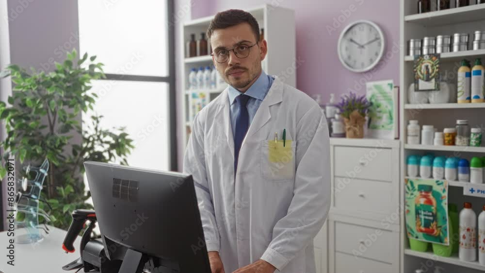 Young hispanic man wearing a white coat standing behind the counter in a pharmacy shop interior Young hispanic man wearing a white coat standing behind the counter in a pharmacy shop interior