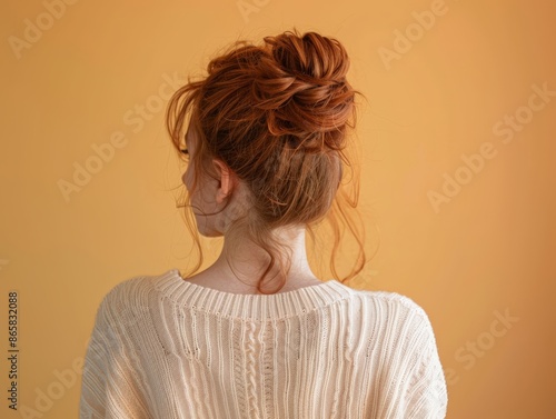 Back view of a woman with red hair in a bun, wearing a white knit sweater, against an orange background.