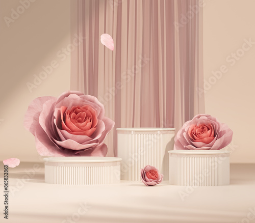 Luxury cloth curtain on pastel pink background. Rose pink flower falling. Abstract minimal advertise. Feminine copy space, beige, spring mockup. 3d render