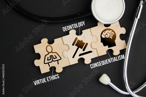 stethoscope and wooden puzzle with icons and the words virtue ethics, deontology, and consequentialis. What are the three normative ethics