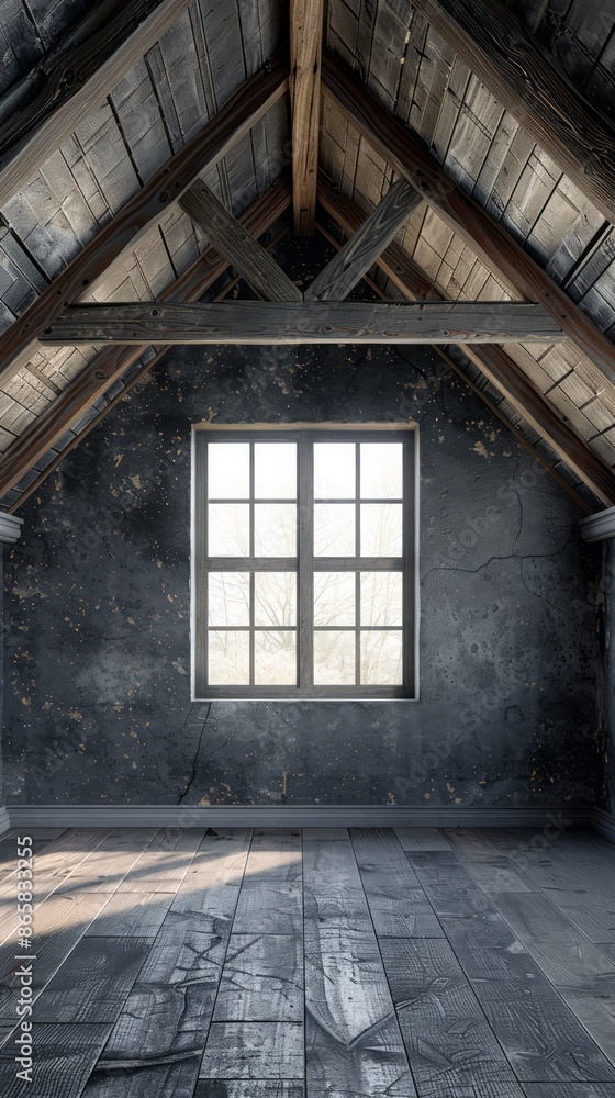 Empty, rustic attic with wooden beams, a single window, and worn-out flooring, bathed in natural light from the window. Empty, rustic attic with wooden beams, a single window, and worn-out flooring, bathed in natural light from the window.