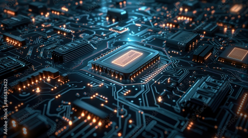 Close-up of a futuristic circuit board with glowing CPU, symbolizing artificial intelligence, data processing, and technological advancement Close-up of a futuristic circuit board with glowing CPU, symbolizing artificial intelligence, data processing, and technological advancement