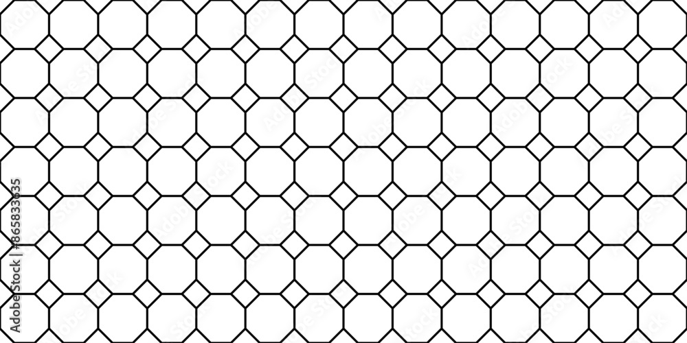 Naklejka premium Geometric seamless background with lines, rhombuses, octagons. Black and white abstract pattern.