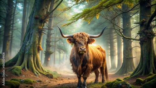 Majestic aurochs with curved horns and shaggy coat stands regally amidst misty forest surroundings with ancient trees towering above.
