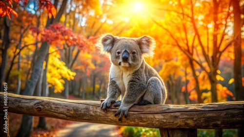 Adorable koala sits on rustic wooden fence surrounded by vibrant fall leaves and golden afternoon sunlight in Australian forest scene.