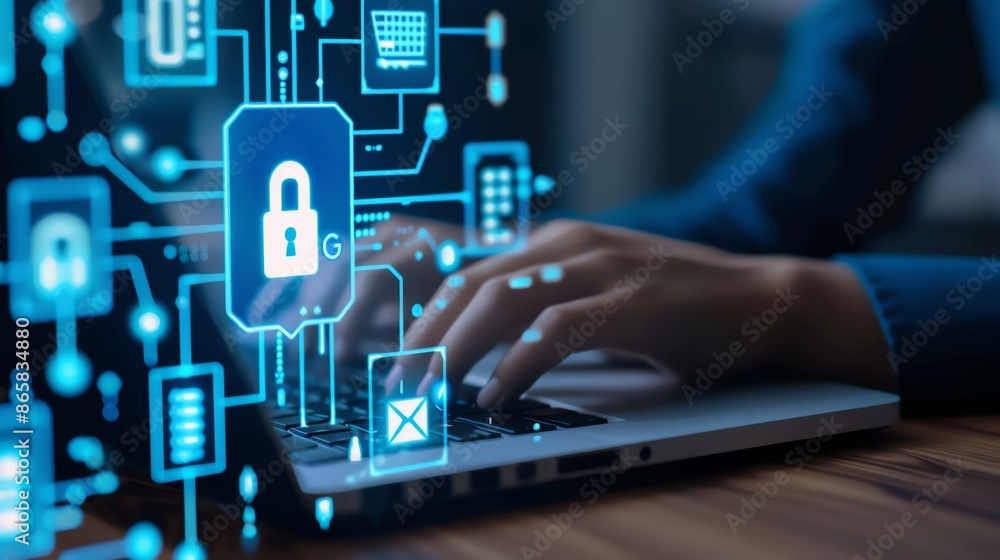 Hands typing on laptop with cybersecurity icons. Digital data, protection, online security concept. Safe internet usage, modern technology. Hands typing on laptop with cybersecurity icons. Digital data, protection, online security concept. Safe internet usage, modern technology.