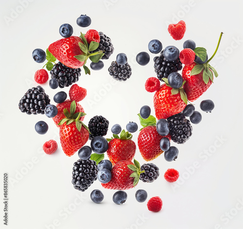 strawberries and grapes in the shape of love, white background