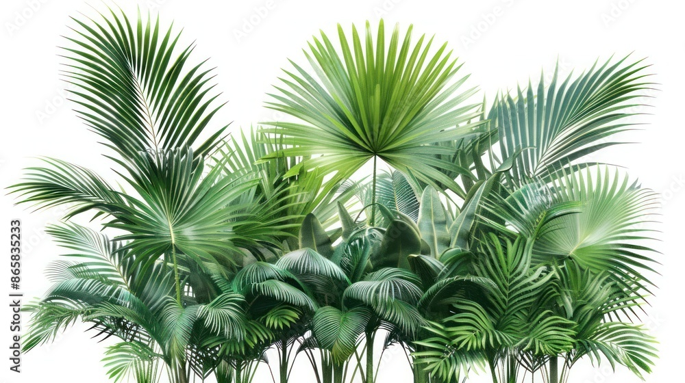 Lush Green Tropical Palm Leaves Isolated on White Background. Concept of nature, summer, vacation, paradise, exotic. Lush Green Tropical Palm Leaves Isolated on White Background. Concept of nature, summer, vacation, paradise, exotic.