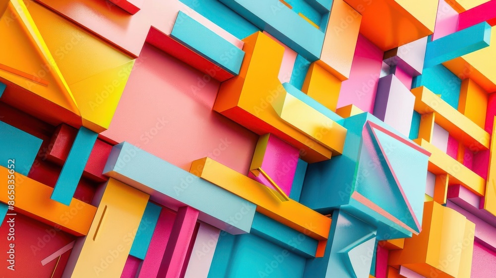 An abstract geometric pattern with vibrant colors and 3D elements, evoking modern art and design trends, Abstract, Bright colors, 3D rendering An abstract geometric pattern with vibrant colors and 3D elements, evoking modern art and design trends, Abstract, Bright colors, 3D rendering