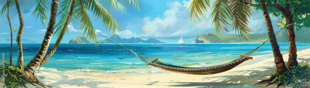 Naklejka premium Serene beach scene with a hammock, palm trees, and turquoise waters, tranquil and idyllic
