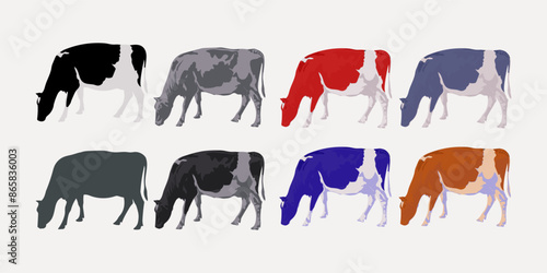 Set of cow, cattle animal silhouette vector illustration. Domestic animal collection isolated on white background.