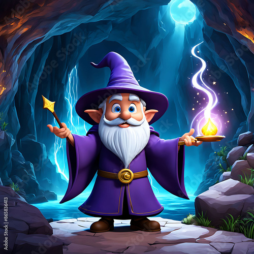 A wise 3D cartoon wizard casting a spell in a mystical cave photo