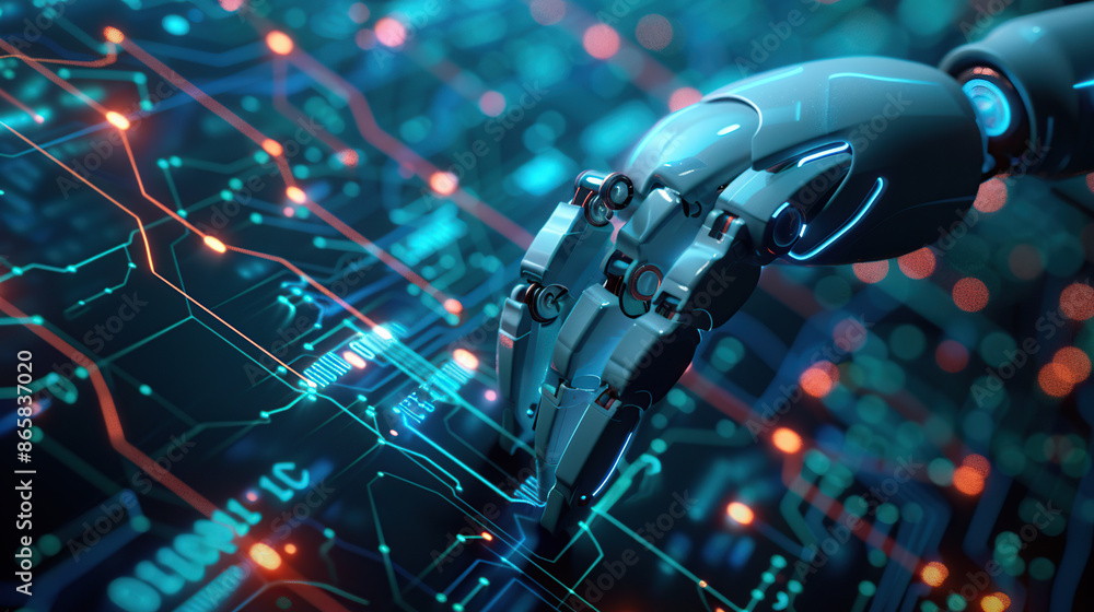 Artificial intelligence concept Close up of a robot hand touching a digital circuit board Artificial intelligence concept Close up of a robot hand touching a digital circuit board