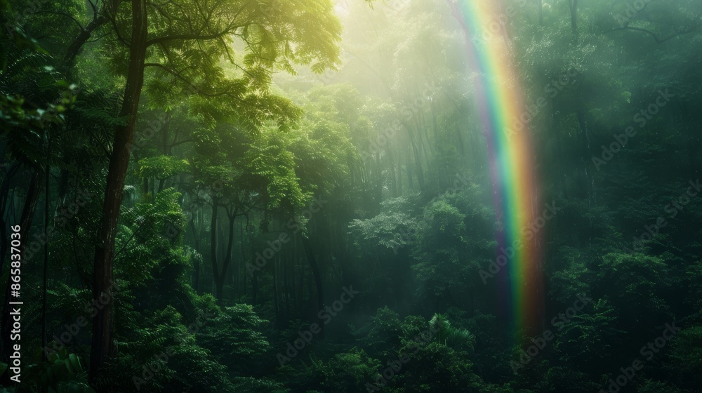 A lush, misty forest with a vibrant rainbow cutting through the trees, showcasing the serene beauty of nature.