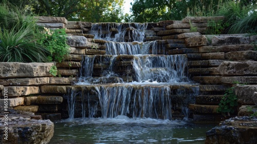 A gentle waterfall flowing over a series of terraced rocks, creating a peaceful, multi-layered cascade