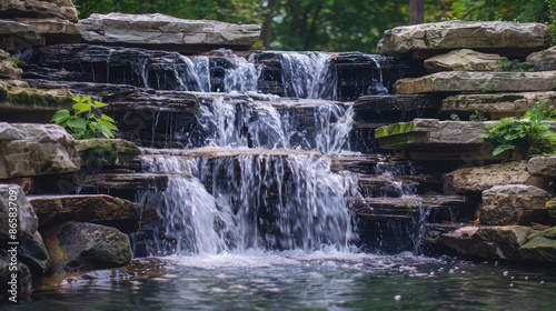A gentle waterfall flowing over a series of terraced rocks, creating a peaceful, multi-layered cascade