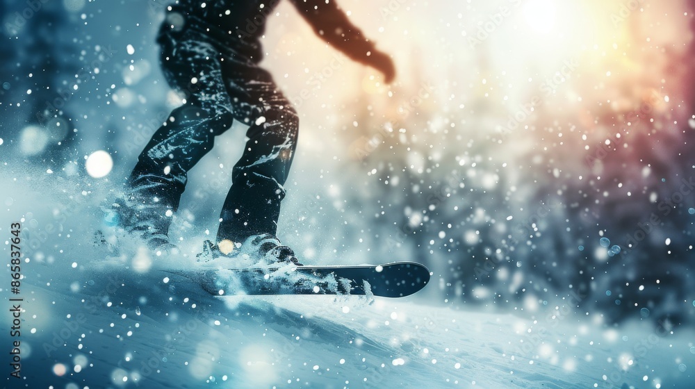 A person enjoying skiing on a snowy slope. The winter scene depicts action and adventure in a cold, beautiful landscape. A person enjoying skiing on a snowy slope. The winter scene depicts action and adventure in a cold, beautiful landscape.