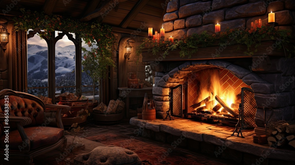Cozy fireplace with crackling flames Cozy fireplace with crackling flames