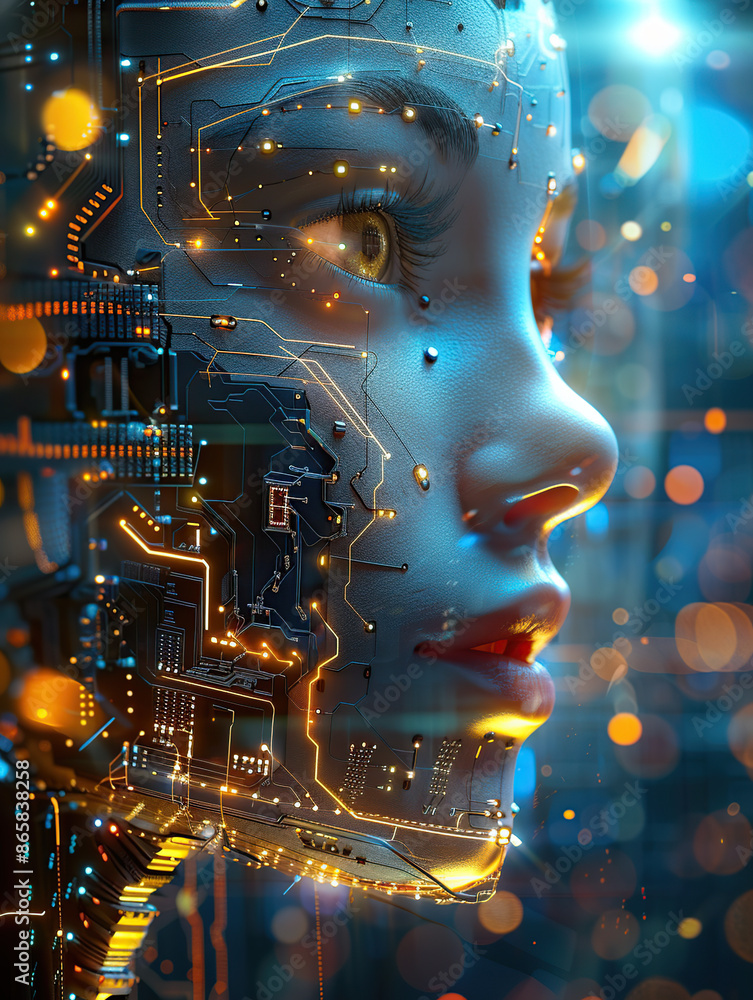 Artificial Intelligence, close-up of the face of an AI robot woman made up with circuitry and microchips in her head Artificial Intelligence, close-up of the face of an AI robot woman made up with circuitry and microchips in her head