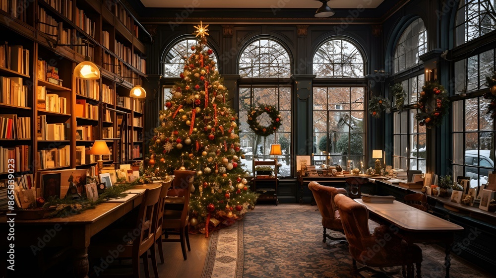 A library adorned with Christmas trees and filled with books, creating a festive and cozy atmosphere.
A library adorned with Christmas trees and filled with books, creating a festive and cozy atmosphere.