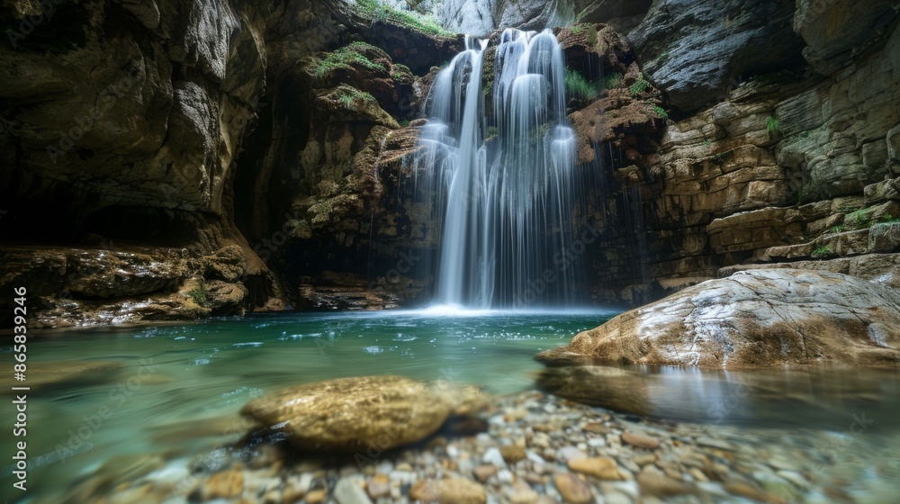 Fototapeta premium A hidden waterfall in a rocky gorge, with crystal-clear water flowing over smooth stones