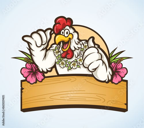an illustration of chicken with  hawaiian vibes. vector design with separated layers, you can apply your name on that wood.