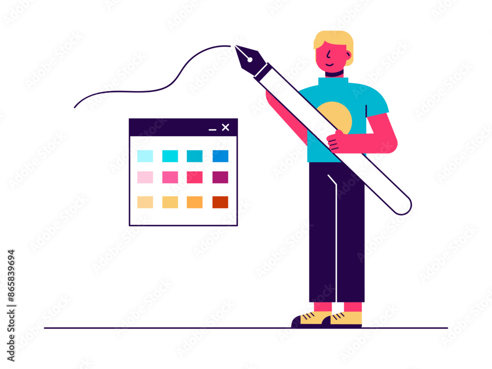 Fototapeta premium Graphic designer creating his artwork. Art studio vector illustration