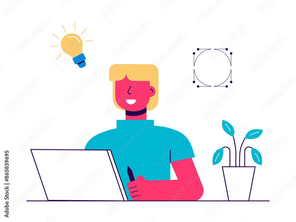 Graphic designer creating his artwork. Art studio vector illustration Graphic designer creating his artwork. Art studio vector illustration