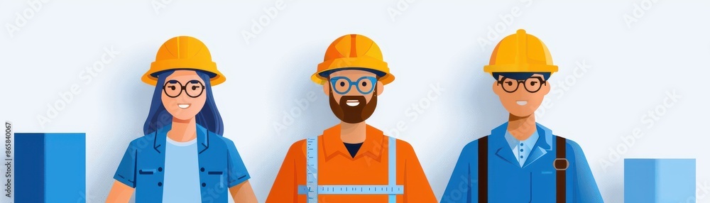 Illustration of three construction workers wearing safety helmets and uniforms, standing in a row with bar graphs in the background. Illustration of three construction workers wearing safety helmets and uniforms, standing in a row with bar graphs in the background.