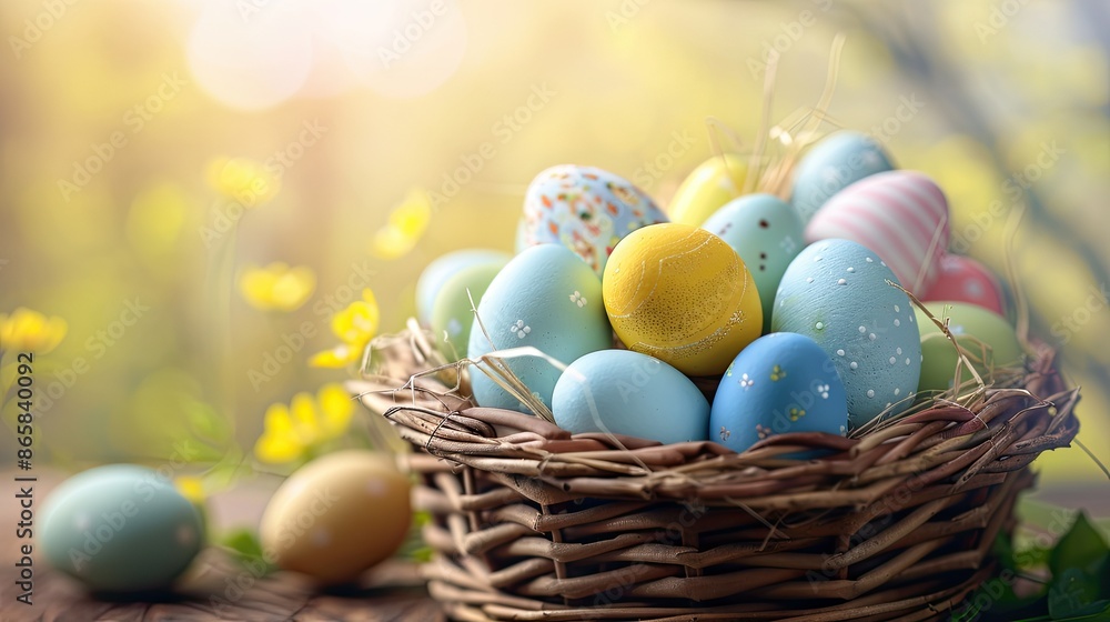 colorful easter eggs in basket . With copy space colorful easter eggs in basket . With copy space