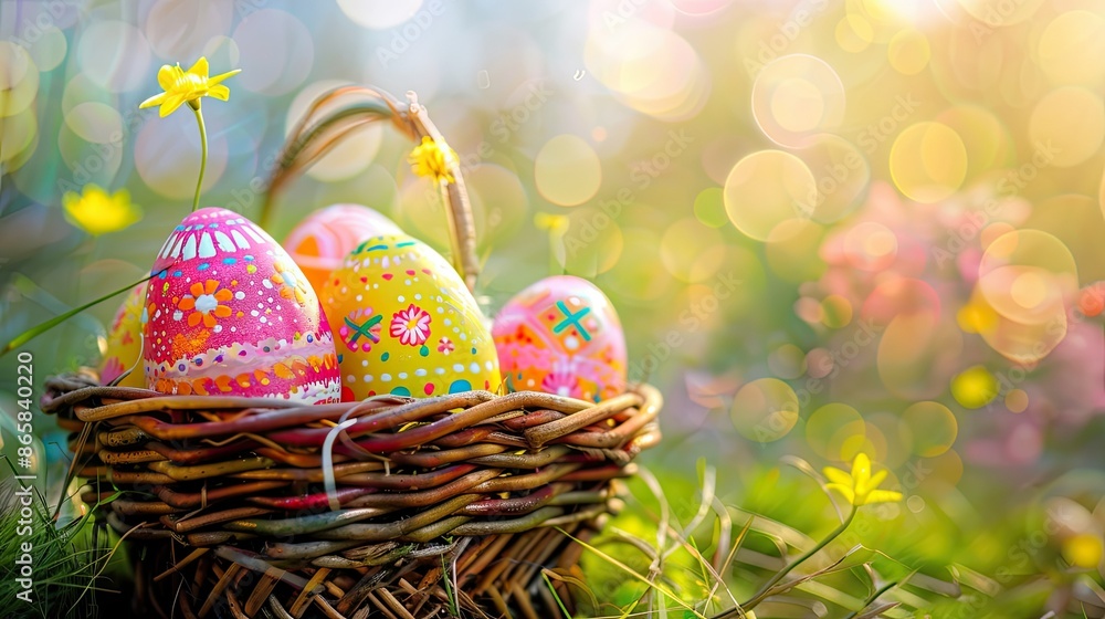 colorful easter eggs in basket . With copy space colorful easter eggs in basket . With copy space